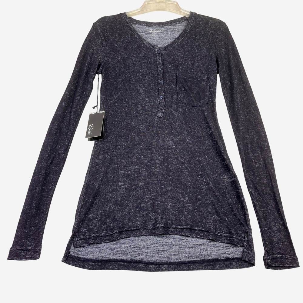 Rails Womens Medium Black Space Dye Henley Long Sleeve Metallic High Low Top
